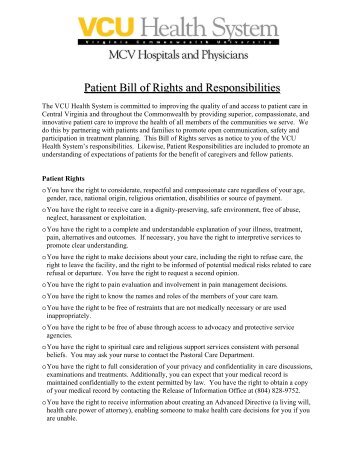 Patient Bill of Rights and Responsibilities - Virginia Commonwealth ...