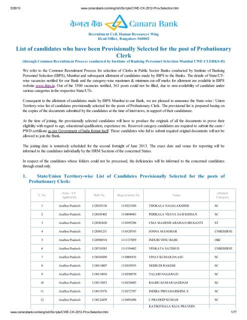 Canara Bank Probationary Clerks Final Results 2013 - Vskills