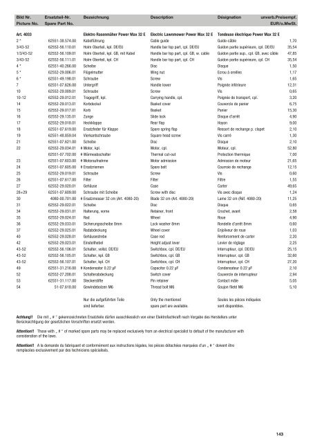 Ersatzteil-Preisliste Spare parts list Catalogue pièces détachées