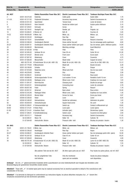 Ersatzteil-Preisliste Spare parts list Catalogue pièces détachées