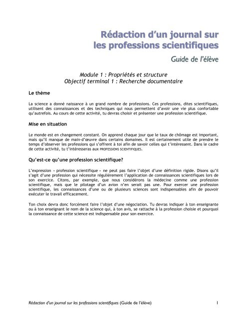 RÃ©daction d'un journal sur les professions scientifiques Guide de l ...