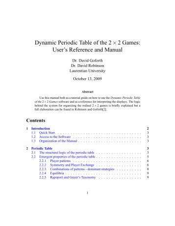 Dynamic Periodic Table of the 2Ã2 Games: User's Reference and ...