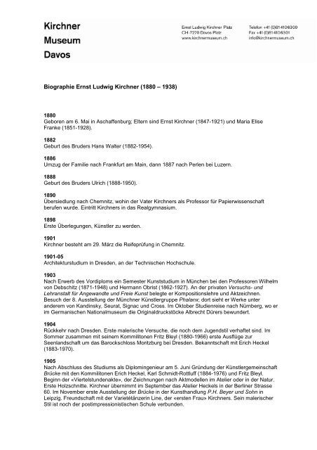 Biographie Ernst Ludwig Kirchner Kirchner Museum Davos Biographie Ernst Ludwig Kirchner Kirchner Museum Davos