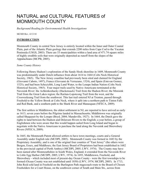 NATURAL and CULTURAL FEATURES of MONMOUTH COUNTY