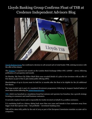 Lloyds Banking Group Confirms Float of TSB at Credence Independent Advisors Blog