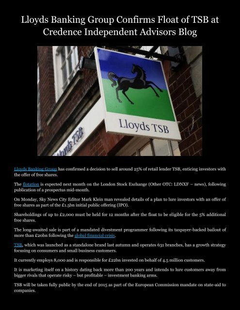 Lloyds Banking Group Confirms Float Of Tsb At Credence