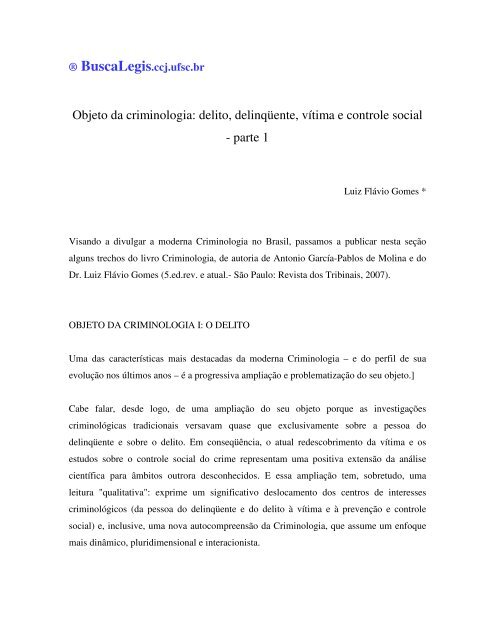 Objeto da criminologia: delito, delinqÃ¼ente, vÃ­tima e controle social ...