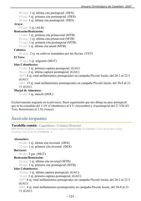 ANUARIO ORNITOLÃGICO DE CASTELLÃN 2007 - InterNatura