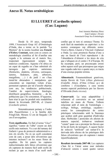 ANUARIO ORNITOLÃGICO DE CASTELLÃN 2007 - InterNatura