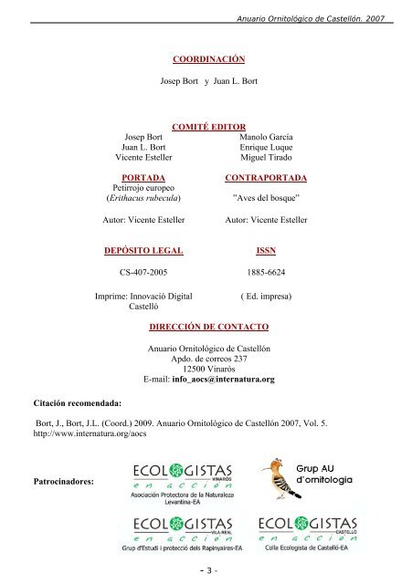 ANUARIO ORNITOLÃGICO DE CASTELLÃN 2007 - InterNatura