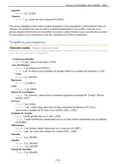 ANUARIO ORNITOLÃGICO DE CASTELLÃN 2007 - InterNatura