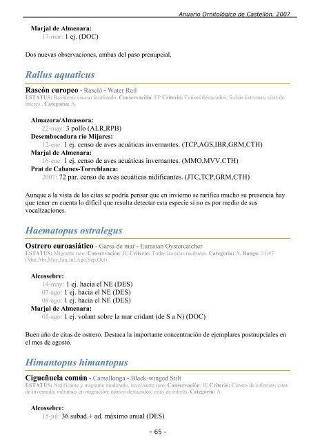 ANUARIO ORNITOLÃGICO DE CASTELLÃN 2007 - InterNatura