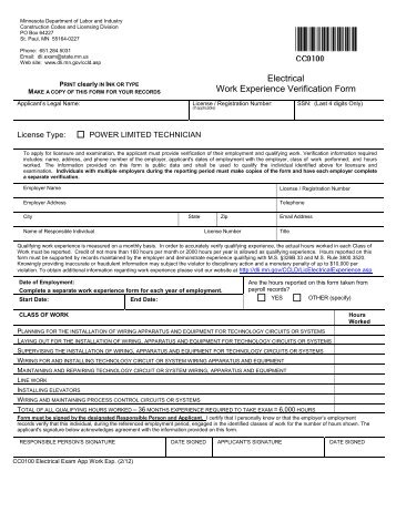 Registered technician (RT) work experience form - Minnesota ...