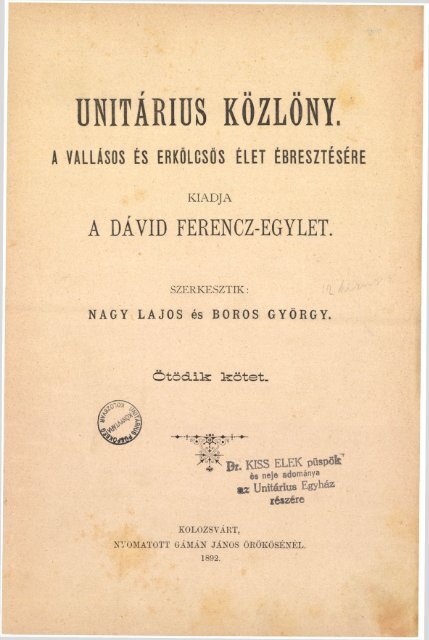 UnitÃ¡rius KÃ¶zlÃ¶ny 5. Ã©vfolyam, 1892 - MagyarorszÃ¡gi UnitÃ¡rius EgyhÃ¡z