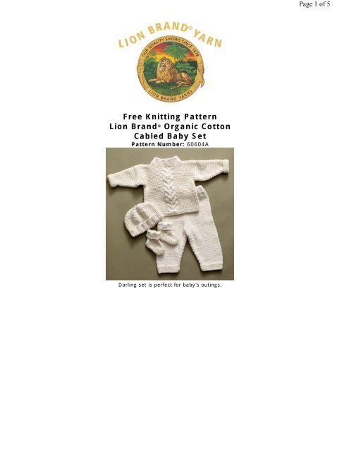 Free Knitting Pattern Lion Brand® Organic Cotton Cabled Baby Set