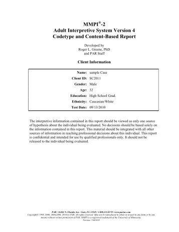 MMPI -2 Adult Interpretive System Version 4 Codetype and Content ...