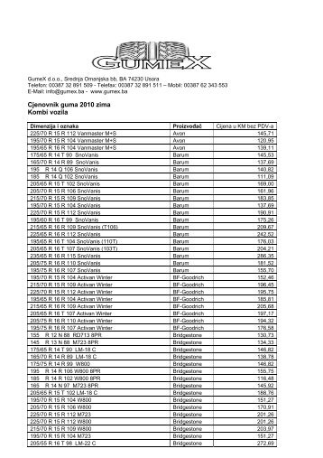 Cjenovnik guma 2010 zima Kombi vozila - GUMEX doo