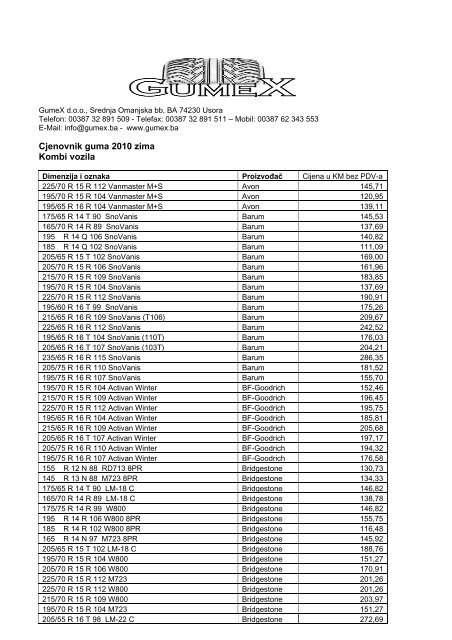 Cjenovnik guma 2010 zima Kombi vozila - GUMEX doo