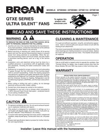 qtxe series ultra silenttm fans read and save these instructions