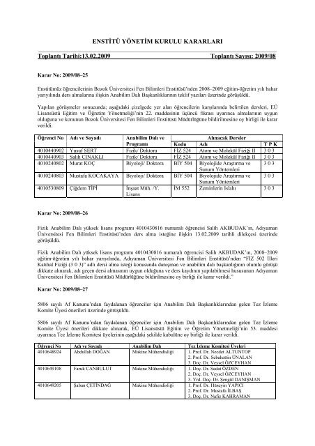 13-02-2009 tarih ve 08 nolu YKK - Fen Bilimleri Enstitüsü - Erciyes ...