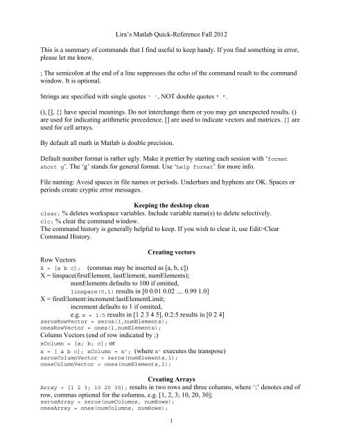Lira's Quick Reference Guide to MATLAB.