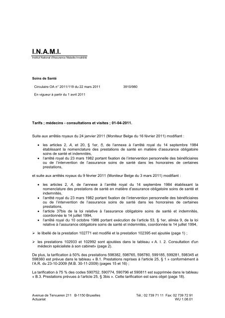 Tarifs des MÃ©decins - A partir du 01/04/2011 - Inami