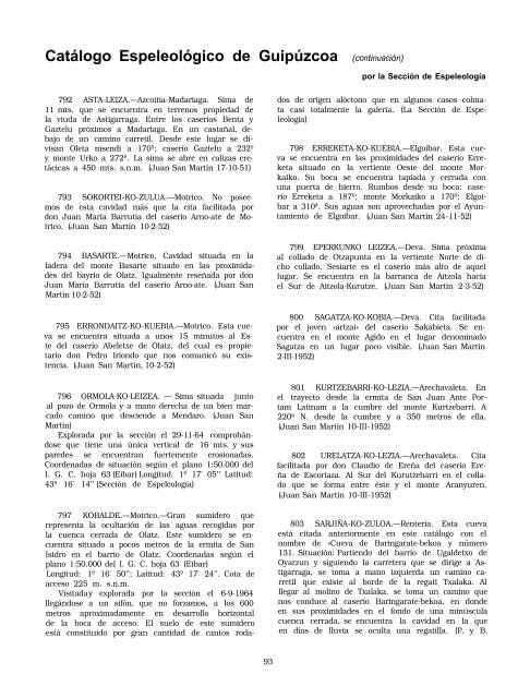 Catálogo Espeleológico de Guipúzcoa (continuación) - Aranzadi