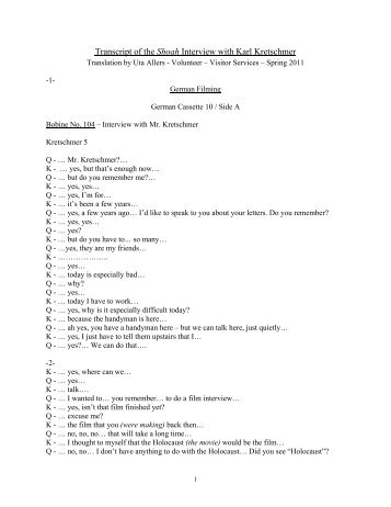Transcript of the Shoah Interview with Karl Kretschmer - USHMM ...