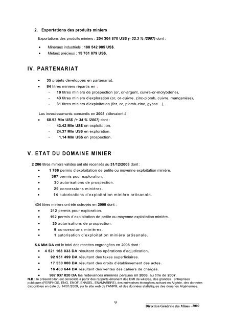 Bilan des ActivitÃ©s MiniÃ¨res, annÃ©e 2008 - MinistÃ¨re de l'Ã©nergie et ...