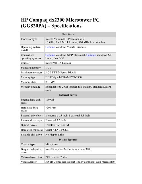 HP Compaq dx2300 Microtower PC (GG820PA) – Specifications