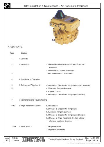 Title: Installation & Maintenance â AP Pneumatic Positioner - Kinetrol