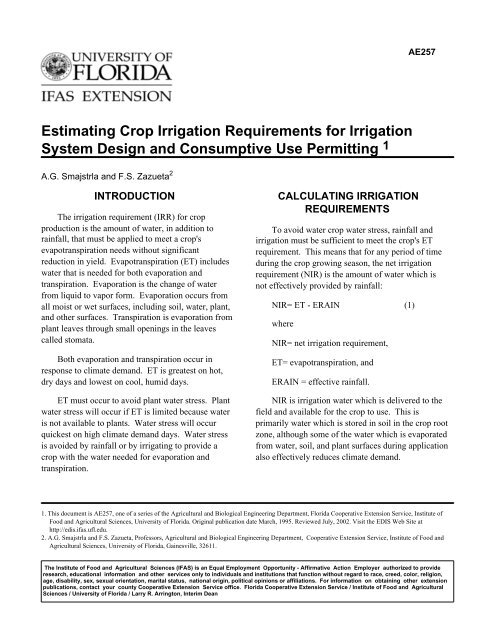 Estimating Crop Irrigation Requirements for Irrigation System Design ...