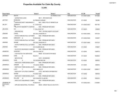 Properties Available For Claim By County - Kentucky State Treasury