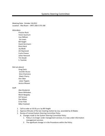 System Steering Committee minutes October 18, 2012