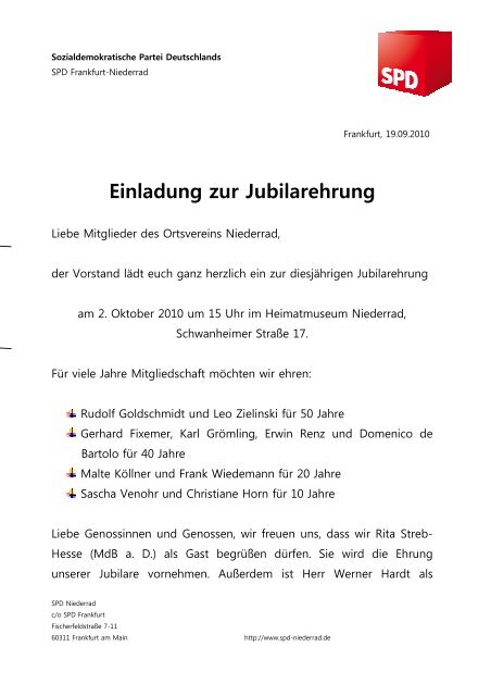 Einladung Jubilarehrung - SPD Frankfurt
