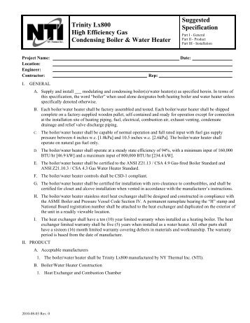 Trinity Lx800 High Efficiency Gas Condensing ... - NY Thermal Inc.