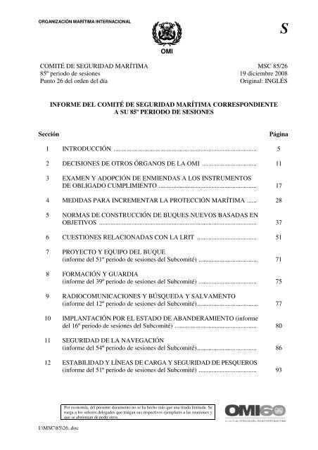 OMI COMITÃ DE SEGURIDAD MARÃTIMA 85Âº periodo de sesiones ...