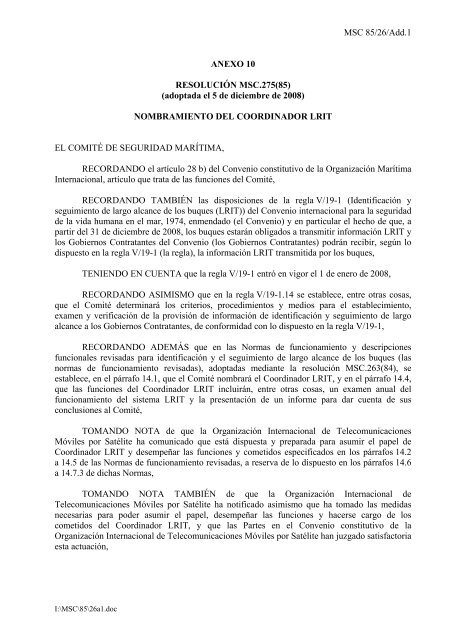 OMI COMITÃ DE SEGURIDAD MARÃTIMA 85Âº periodo de sesiones ...