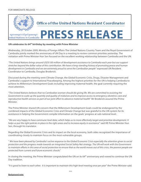 UNRC press release: UN celebrates its 64th birthday by meeting ...