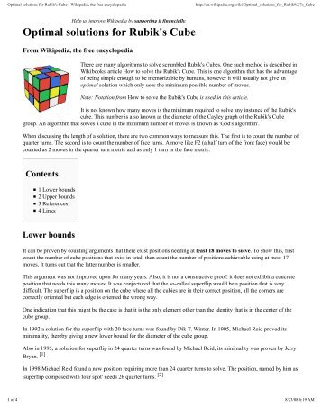 Optimal solutions for Rubik's Cube - Computer Science @ Marlboro