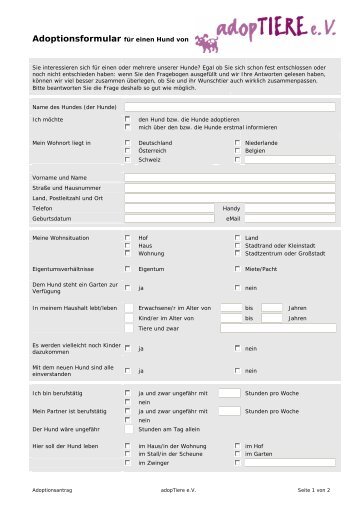 Adoptionsformular fÃ¼r Hunde - adopTiere eV