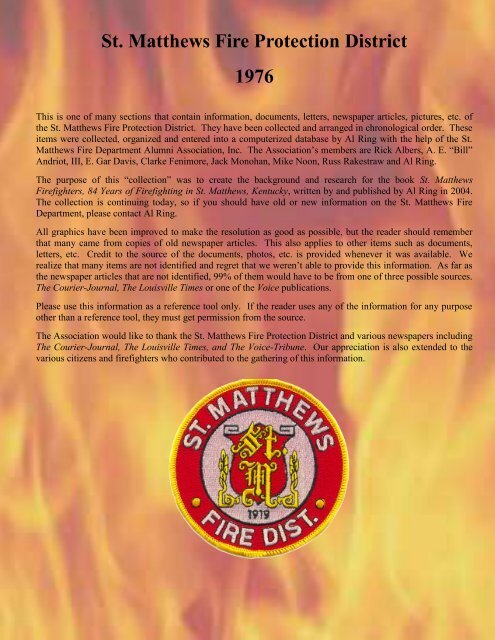 St. Matthews Fire Protection District 1976 - RingBrothersHistory.com