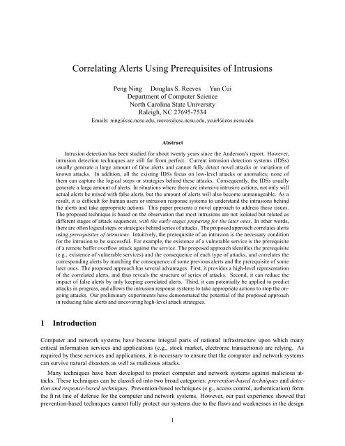 Correlating Alerts Using Prerequisites of Intrusions - Dr. Peng Ning ...