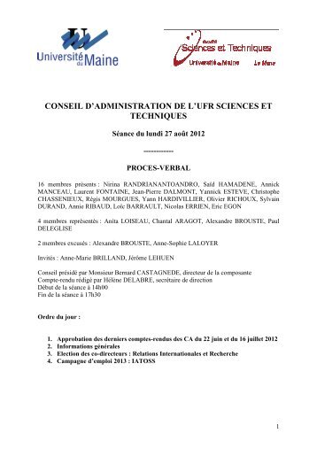 conseil d'administration de l'ufr sciences et techniques - Faculté des ...