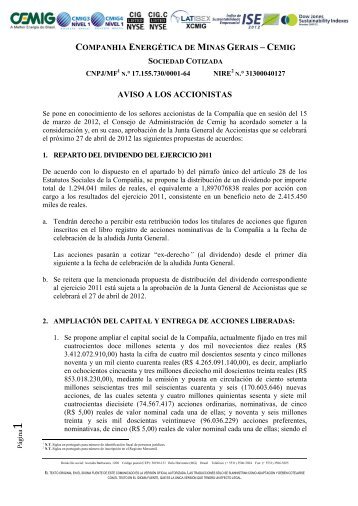 AVISO A LOS ACCIONISTAS - Cemig