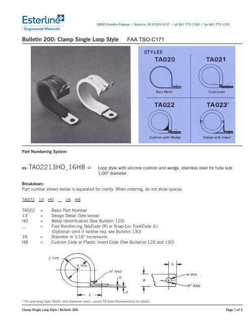 Bulletin 200: Clamp Single Loop Style - Esterline