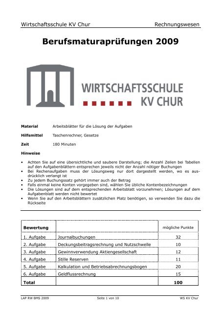 2009 LAP RW M-Profil Aufgaben - Wirtschaftsschule KV Chur