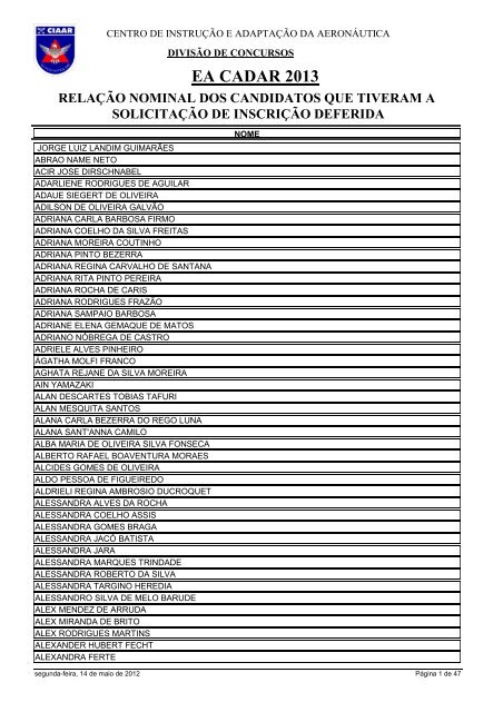 RelaÃ§Ã£o Nominal dos Candidatos que tiveram a solicitaÃ§Ã£o ... - CIAAR