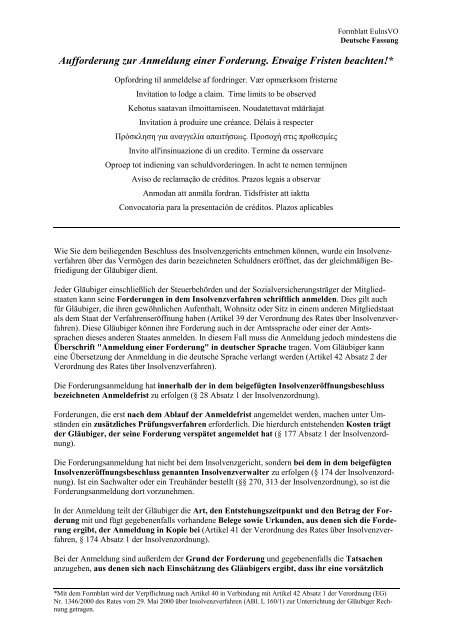 verzicht auf abgesonderte befriedigung Aufforderung zur Anmeldung einer Forderung. Etwaige Fristen