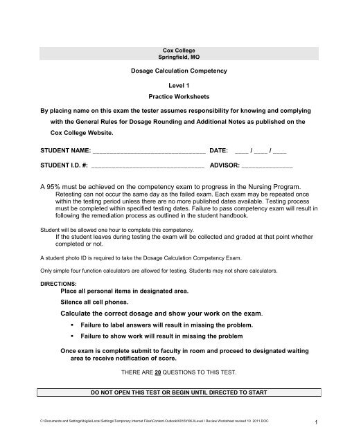 Level I Review Worksheet Revised 10 2011 Coxhealth
